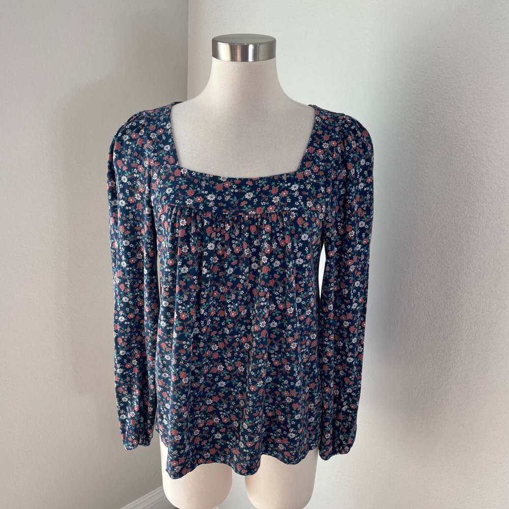 Lucky Brand Womens Medium Blue Ditsy Floral Square Neck Long Sleeve Knit Top